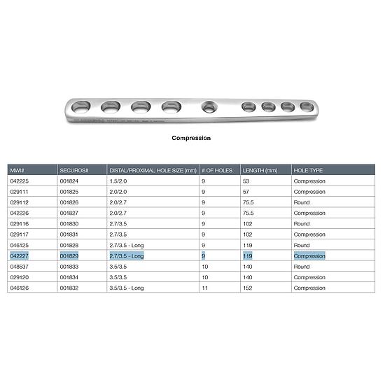 Plaque d'arthrodèse pancarpienne 119mm 2,7/3,5, 9 trous, compression 001829