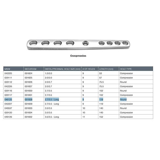 Plaque d'arthrodèse pancarpienne 119mm 2,7/3,5, 9 trous, rond 001828
